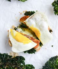 Crispy kale grilled cheese with fried eggs