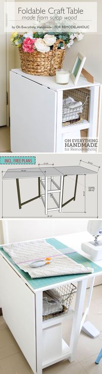 Make your small craft area work with this space-conscious DIY foldable craft table, built from inexpensive materials or even scraps. Two fold-out gate-leg dropleaf sections create a small or large workspace, with storage in the base for a sewing machine or supplies.