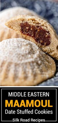 Maamoul are tender, buttery cookies with a sweet fruit filling. Make this recipe for date-filled semolina cookies to celebrate the holidays! #Maamoul #MiddleEasternCookies #SemolinaCookies #RamadanRecipes #ChristmasCookies