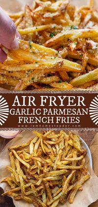 Air Fryer Garlic Parmesan French Fries are homemade fries made with Yukon Gold potatoes and seasoned with a parmesan and garlic mixture. These homemade fries are perfectly seasoned to be eaten on their own. Or, dip them into your favorite sauce!