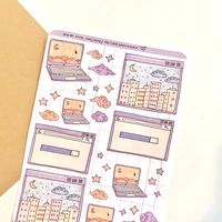 have fun creating your monthly and weekly bullet journal spreads with these handmade 1990s pastel purple computer stickers! #computerstickers #bujostickers #pastelpurplestickersheet #aestheticstickers #bulletjournalstickers #starscelestial #citylandscape