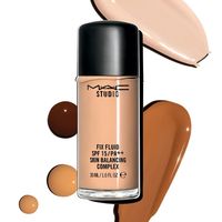 Base para pele oleosa - Foto de pote de base Studiofix Fluid - MAC e gotas de diversos tons