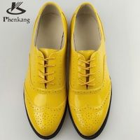 Patent leather big woman US size 11 designer vintage flat shoes round toe handmade yellow 2017 sping oxford shoes for women fur