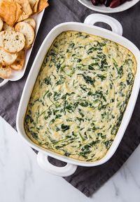 Vegan Spinach Artichoke Dip is warm, soft and creamy, with wonderful cheesy flavor! Served warm or at room temperature, it's a crowd-pleasing easy vegan appetizer served with pita chips, crackers or veggie sticks. #nondairy #plantbased #healthyrecipes