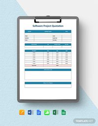 Instantly Download Software Project Quotation Template, Sample & Example in Microsoft Word (DOC), Microsoft Excel (XLS), Google Docs, Apple (MAC) Pages, Google Sheets (SPREADSHEETS), Apple (MAC) Numbers Format. Available in A4 & US Letter Sizes. Quickly Customize. Easily Editable & Printable.