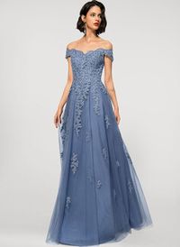 A-Line Off-the-Shoulder Illusion Floor-Length Tulle Lace Evening Dress (017169831) - JJ's House