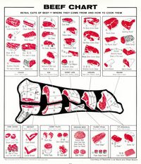 Beef meat chart - know your cuts of beef, steak, brisket, flank, ribeye, filet mignon, tenderloin, t-bone, porterhouse, etc.