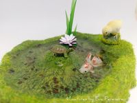 Miniature pond with chick, golden fish & turtle for dollhouse, mini garden or terrarium