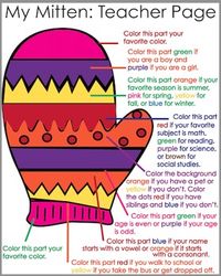 This is an activity for elementary aged students! Students are asked to color each section of the mitten different colors depending on their answers to certain questions! A suggestion is to cut out each mitten at the end and use clothespins to hang them on a clothesline around the room!