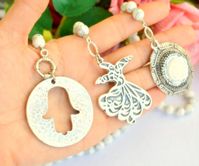Grey Hamsa Car Hanger, Darvish Car Decoration, Hand Charm Car Mirror Hanger, Rumi Car Gift, Whirling Dervish Auto, White Rose Dangle Gift