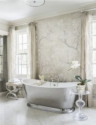 Master Bath with Gracie Wall covering, Greenwich Bath TraditionalNeoclassical Transitional Art Deco by Rinfret Limited Interior Design & Decoration LLC