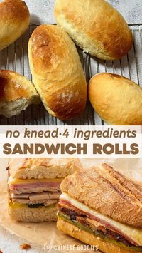No-knead sandwich rolls are crispy on the outside and soft on the inside, just like in the bakery. It's very easy and quick, you only need 4 ingredients and takes 2 hours to prepare. Since I tried this recipe, I don't need to buy bread anymore. #bread #breakfast #sandwiches