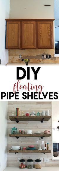 LOVE these DIY Floating Pipe Shelves! We removed a dysfunctional cabinet in our sister's kitchen and replaced it with this simple project! Now she has even more storage and she can display the dishes she loves too. This was an inexpensive and easy upgrade. You only need a few tools to do it yourself! We used barn wood to wrap the fronts of our shelves, but you can use any wood trim you want! These shelves would be so cute in any room and the brackets are so cheap!
