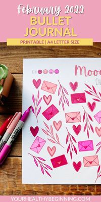 Love is in the air with the February 2022 Bullet Journal! This bullet journal is completely printable and includes a monthly calendar, weekly planner, habit chart, sleep chart, mood chart, water chart, and important tasks & dates! Want to get a closer look? Head over to Your Healthy Beginning to check out the full bullet journal!