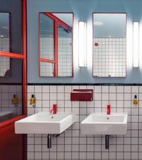 Bathroom with a pop of Red. Painted taps are a way of bringing personality and style into your bathroom renovation. #color #ideas #modern #coloured #tap #VOLA #design #luxury #minimalist #elegant #inspiration