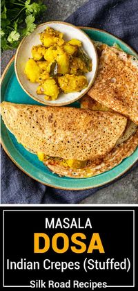 These Indian crepes are thin, crispy lentil pancakes, with a savory potato filling. Make this masala dosa recipe for a delicious breakfast! #IndianCrepes #MasalaDosa #DosaRecipes #SavoryBreakfastRecipes