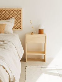 PRODUCT INFO Width: 40 cm (15.7 inches) Depth: 20 cm (7.9 inches) Height: 50 cm (19.7 inches) Bedside table made of untreated solid pine wood, a very durable and resistant natural material that you can take care of by applying oil or wax. Designed and manufactured in Valencia, Spain. :) FURNITURE CARE For the conservation of the natural wood of your furniture we advise you: - Clean the dust with a soft cloth or cloth. - Use a very fine sandpaper or eraser for surface stains and small chafing. -