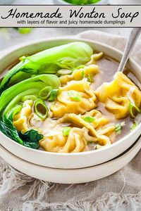 This Wonton Soup recipe is epically delicious with all the many layers of flavor and juicy homemade dumplings (or you can use store bought to save on time)! #WontonSoup #Dumplings #WontonSoupRecipe #Soup #SoupRecipes #ChineseRecipes #ChineseDumplings