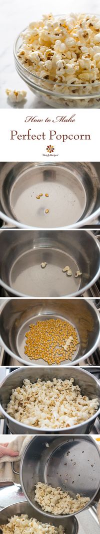 How to pop perfect stovetop popcorn | 3 TBSP coconut oil, 1/3 cup popcorn, popcorn salt, 1 TBSP butter; heat oil in 3 qt pot over medium high heat until melted then add 3 popcorn kernels; once kernels pop, add butter & quickly swish with oil; quickly add rest of popcorn kernels & salt; cover pot, remove from heat, & count to 30; put pot back on heat, slightly askew lid so steam can escape, & frequently shake pot until popping has a few seconds in between; shake & dump into a serving bowl
