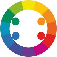 Tetradic colour schemes (also referred to as double complementary) feature two pairs of contrasting (complementary) colours. In this example, blue plus orange and green and red. Tetradic colour schemes enliven and add a sense energy. Maintaining similarity of tonal value and saturation levels will enhance visual cohesion. Tetradic colour illustration by Zena O’Connor, PhD.