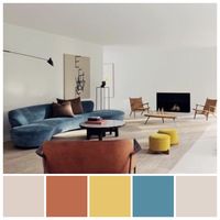 The subtle, restrained triadic colour scheme enlivens this essentially achromatic interior. Triadic colour schemes feature hues that are roughly equidistant on the colour wheel. Triadic palette illustration by Zena O’Connor featuring an image of a residence by Studio Daskal Laperre.