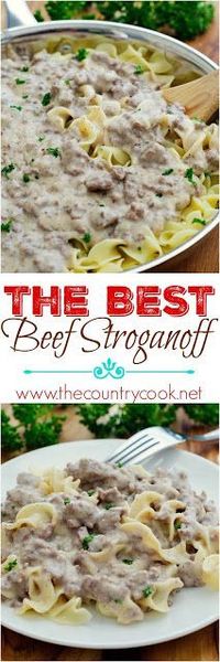 The Best Beef Stroganoff recipe shared by Life in the Lofthouse at The Country Cook. Creamy and so, so good. No canned cream soups. Ground Beef and milk and seasonings!