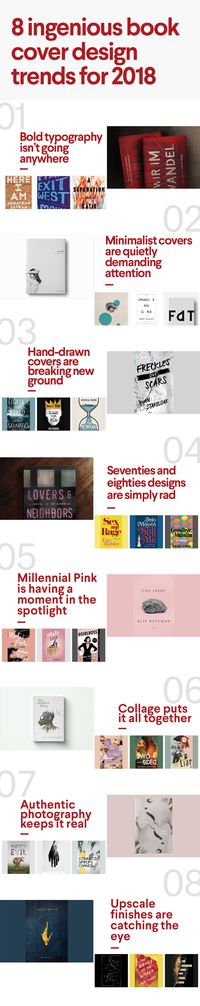 9 ingenious book cover design trends for 2018. From bold typography to photo collage to millennial pink, book design a lot to look forward to this year. #2018designtrends #graphicdesigntrends #bookcover