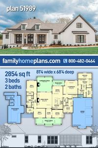 Acadian, French Country, Southern Style House Plan 51989 with 2854 Sq Ft, 3 Bed, 2 Bath, 3 Car Garage