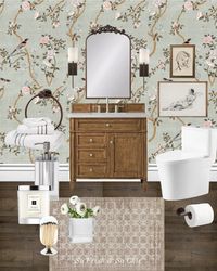 Powder room design with beautiful flowers and birds wallpaper. - Bathroom decor - bathroom Moodboard - bathroom design - bathroom wallpaper - wood vanity - arched ornate mirror - bronze wall sconces - minimalist toilet - Persian style rug - Lulu and Georgia - Overstock - Target - Home Depot - Kirklands - Williams Sonoma crystal soap dispenser - Jo Malone candle - match cloche - Amazon Home - bronze towel ring - bronze toilet paper holder - traditional bathroom - Afloral faux flowers - ribbed gla