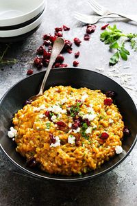 Pumpkin Risotto With Goat Cheese And Dried Cranberries - Vegetarian Thanksgiving Dishes That Even Meat-Eaters Will Love - Lonny