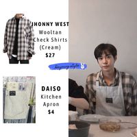 NCT Kim Doyoung Style (@doyoungstyle) posted on Instagram: “NCT 127 Relay Vlive #StayWith127 Doyoung is wearing Jhonny West Wooltan Check Shirts (Cream) Daiso Kitchen Apron Credit to my lovely…” • Apr 2, 2020 at 10:11am UTC