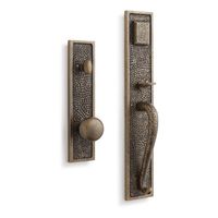 Hand-applied, hammered detailing gives the Traeger Entrance Set with Round Knob a stylish look to increase your home's curb appeal. | Traeger Solid Brass Entrance Door Set - Knob - 2-3/4" Backset - Antique Brass | Signature Hardware