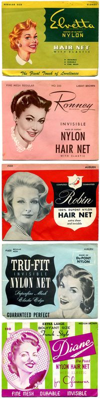Vintage hair nets, oh my!...... Note they all state they are made of DuPont nylon!