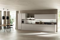 The monochrome doors, profiles and recessed grip profiles is combined with the Kelya Dekton® top and the steel shelves to create a sophisticated technical touch for this neutral coloured DeLinea Flat compositon.