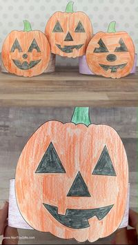 Color these Hakc-O-Lantern paper hats with kids for Halloween. Easy DIY paper hats. #pumpkinpaperhats #halloweencrafts #halloweenpaperhats #halloweenheadbands #halloweenpapercrowns