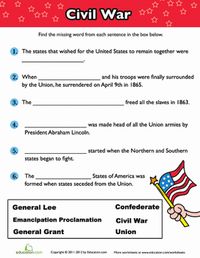 Middle School Civics & Government Worksheets: Civil War Fill-in-the-Blank