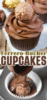 Ferrero Rocher Cupcakes are delicious chocolate cupcakes stuffed with Ferrero Rocher candy and topped with decadent Nutella frosting.