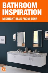 Complete your bathroom with a color that compliments your decor. Add a bold look to any bathroom with a dark wall color that highlights furniture choices. Click to shop Midnight Blue by BEHR paint at The Home Depot.
