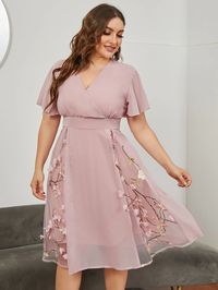 Plus Chiffon Plants Embroidered Appliques Midi Dress | SHEIN USA