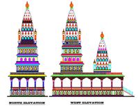 temple plan with four side elevation, temple is about Ram Mandir. Drawing consist of Puja greeya and its surrounding for workship. design is made as per hindu culture .