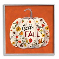 This Hello Fall Patterned Pumpkin Wall Plaque is a charming way to welcome the harvest season! You'll adore its warm, autumnal tones and floral designs. Plaque measures 12L x 1.5W x 12H in. Crafted of wood composite Gray frame finish Orange background finish Features the phrase "Hello fall" Accented with floral designs Hues of orange, ivory, yellow, brown, red, and black Designed by Design By Sharon Lee Weight: 2 lbs. Hangs from back-mounted hardware Made in the USA Care: Dust with a soft, dry c