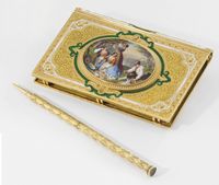 Charles Oudin. A very fine, rare and attractive 18K gold and enamel note book with concealed watch and pen, the enamel miniatures signed by Prochet Signed Chs Oudin, her de la Marine, Paris, No. 3498 and 18'668, case no. 288, circa 1860