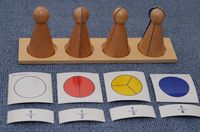 We normally learn fraction in grade 3 or grade 4. It doesn't need to be. You can use this materials for years. From toddler age to 6 yeras old. This set includes: 1. A tray for skittles 2. 10 skittles for fraction 1, 1/2, 1/3, 1/4 3. Cards for the picture of skittles and symbols