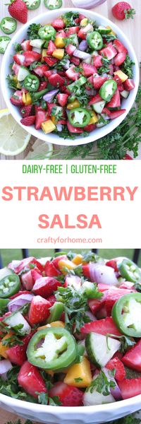 Strawberry Salsa | This strawberry salsa is easy, quick and fresh to serve for any summer party. Serve it on its own or a side dish for grilling season. #dairyfree #glutenfree #veganrecipes #strawberrysalsa for full recipe on craftyforhome.com