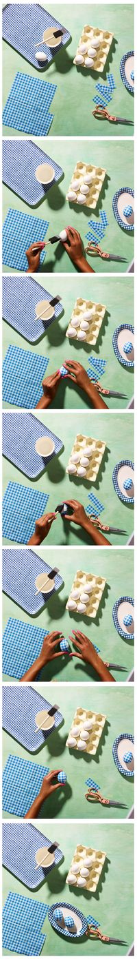DIY Gingham Easter Eggs Supplies Needed: - Hard Boiled Eggs - Gingham Tissue Paper - Scissors - Mod Podge - Sponge Brush Step 1: Gather Supplies Step 2: Cut Gingham tissue paper into rectangular strips Step 3: Decoupage tissue paper over eggs Step 4: Let Dry!