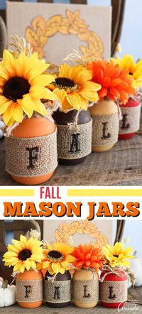 These fall mason jars combine burlap and pretty fall flowers to make a statement centerpiece for your fall dinner party or Thanksgiving table. #fall #masonjars #falldecor #fallhomedecor #masonjardecor #homedecor #farmhouse #farmhousedecor #craftsbyamanda