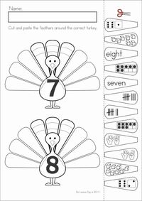 Kindergarten Thanksgiving Math & Literacy Worksheets and Activities. A page from the unit: Turkey Feathers number sense