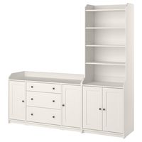 HAUGA Storage combination, White, 82 5/8x18 1/8x78 3/8 ". Use throughout the home, as a standalone or with other HAUGA furniture. This combination gives you lots of storage, both hidden and open. Want to organize the inside? Complement with the STUK series. Side panel: Particleboard.