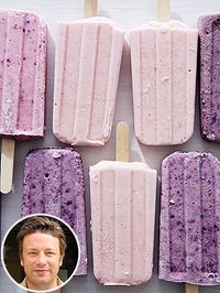 Jamie Oliver's Yogurt Pops Recipe ~ Ripe Bananas, Strawberries or Blueberries, non-fat plain yogurt (I would use whole milk), honey