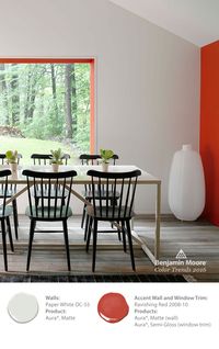 Add personality and dimension with a colorful accent wall and dark chairs against a white backdrop. Benjamin Moore designers chose ‘Ravishing Red’ next to ‘Paper White’ in our Aura paint for this striking look, part of the Color Trends 2016 collection.